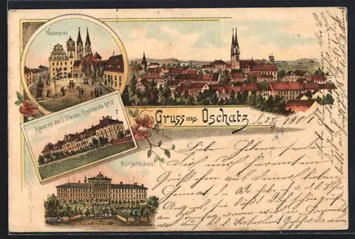 AK Oschatz, Neumarkt, Kaserne des I. Ulanen-Regiments No 17, Bürgerschule