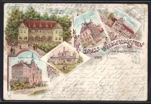 Lithographie Gandersheim, Gasthof Waldschlösschen, Progymnasium, Sol- und Stahlbad, Post, Abtei