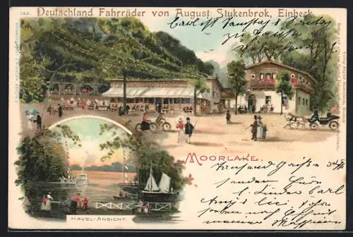 Lithographie Berlin-Wannsee, Gasthof Moorlake, Havel-Ansicht