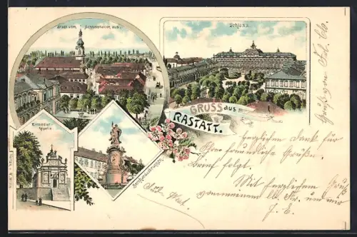 Lithographie Rastatt, Einsiedler-Kapelle, Bernhardusbrunnen, Schloss, Ortsansicht