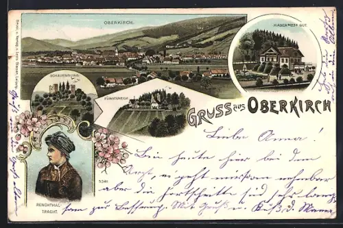 Lithographie Oberkirch / Baden, Halbersches Gut, Schauenburg, Fürsteneck, Renchtal-Tracht