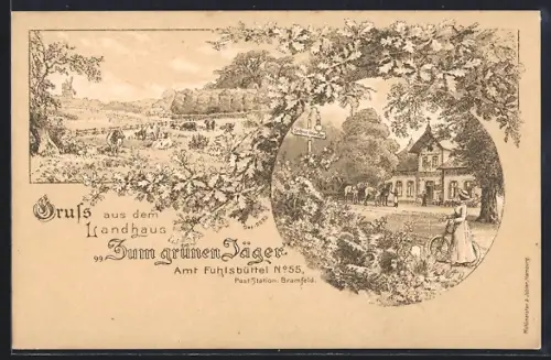 Lithographie Hamburg-Fuhlsbüttel, Landhaus Zum grünen Jäger mit Windmühle