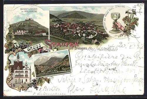 Lithographie Staufen im Breisgau, Rathaus, Belchen, Bahnhof und Annabad mit Schlossberg