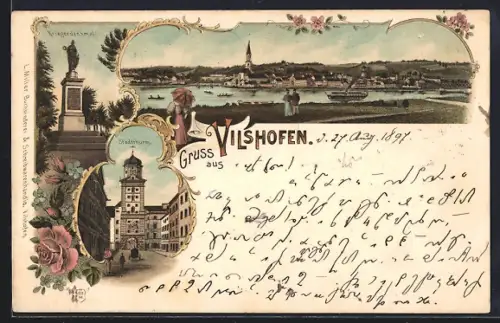Lithographie Vilshofen, Kriegerdenkmal, Stadtturm, Totalansicht
