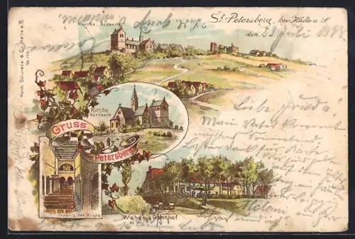 Lithographie Petersberg / Halle, Gasthof Wehde, Kirche, Inneres der Kirche