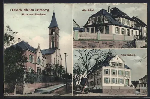 AK Olsbach /Ortenberg, Kirche und Pfarrhaus, Alte Schule, Neue Schule