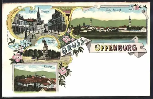 Lithographie Offenburg, Hauptstrasse, Kloster, Kriegerdenkmal