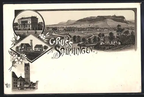 Vorläufer-Lithographie Spaichingen, 1894, Totalansicht gegen die Berge