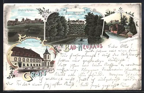 Lithographie Bad Neuhaus, Salzburg von der grossen Brücke aus, Trinkquelle, Schloss Neuhaus