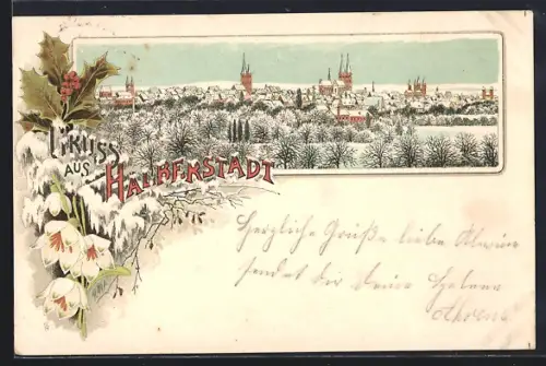 Winter-Lithographie Halberstadt, Ortsansicht im Winter