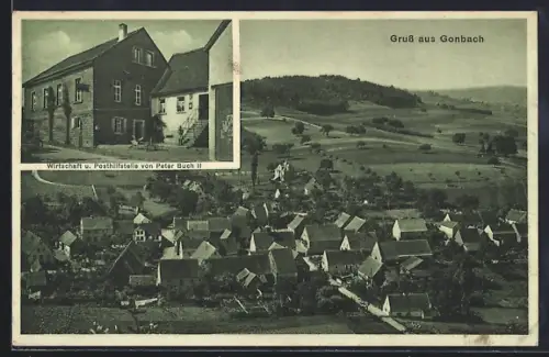 AK Gonbach, Gasthof und Posthilfsstelle von Peter Buch II, Ortsansicht aus der Vogelschau