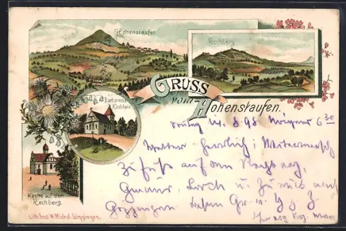 Lithographie Hohenstaufen, Barbarossa-Kirchlein, Kirche auf dem Rechberg