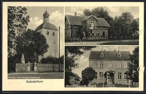 AK Salzdahlum, Geschäftshaus W. Prager, Kirche mit Kriegerdenkmal, Arbeiterhaus der Domäne