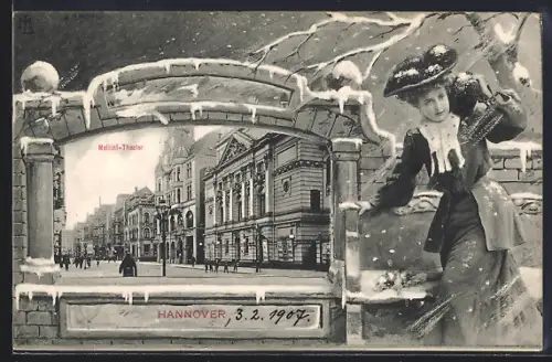 Grusskarten-AK Hannover, Mellini-Theater, elegant gekleidete Dame im Schneetreiben