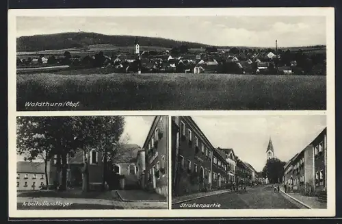 AK Waldthurn /Obpf., Arbeitsdienstlager Strassenpartie mit Blick zur Kirche