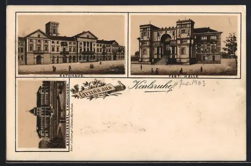 Lithographie Karlsruhe, Fest Halle, Rathaus, früher Druck