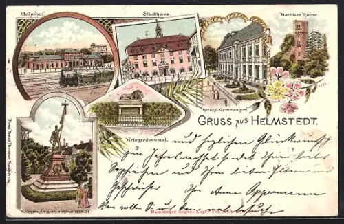 Lithographie Helmstedt, Bahnhof, Stadthaus, Krieger-Sieges-Denkmal 1870-71, Harbker Ruine
