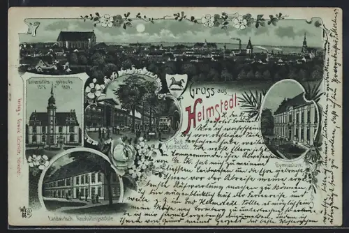 Mondschein-Lithographie Helmstedt, Universitäts-Gebäude 1576-1809, Landwirtsch. Haushaltungsschule, Gymnasium