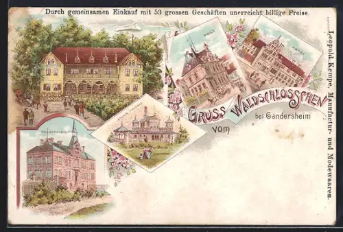 Lithographie Gandersheim, Gasthaus Waldschlösschen, Abtei, Postgebäude, Progymnasium, Solbad