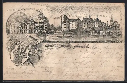 Lithographie Torgau, Artillerie-Kaserne und Flusspartie