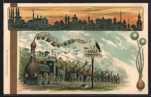 Lithographie Borna b. Leipzig, Teilansicht im Abendlicht, Zwiebelzug