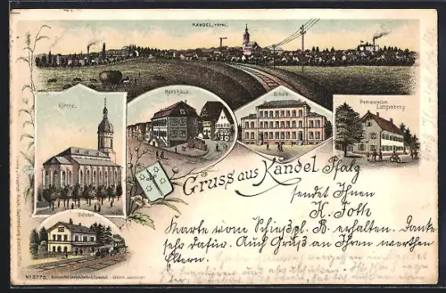 Lithographie Kandel / Pfalz, Restaurant Langenberg, Schule und Rathaus, Kirche und Bahnhof