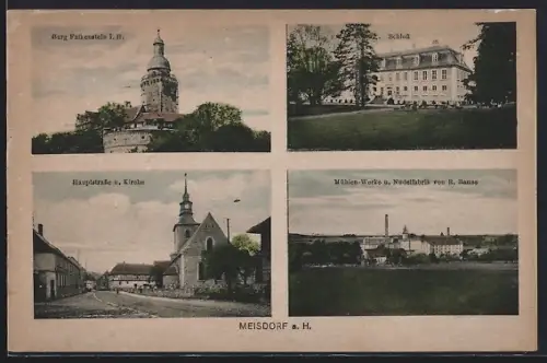 AK Meisdorf a. H., Mühlen-Werke und Nudelfabrik von R. Banse, Hauptstrasse und Kirche, Schloss