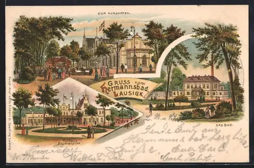 Lithographie Bad Lausigk, Kurhaus Hermannsbad mit Kurgarten