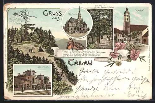 Lithographie Calau, Rathaus, Bahnhof, Kirche