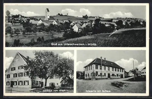 AK Unterschwarzach / Württ., Gasthaus zum Hirsch, Bes. E. Maucher, Ortspartie mit Rathaus