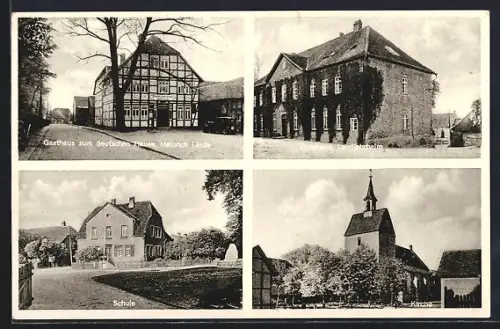 AK Vorsfelde, Gasthaus zum deutschen Hause, Bes. Heinrich Linde, Schule und Kirche