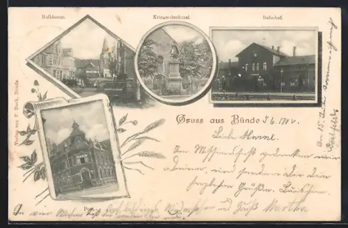 AK Bünde, Bahnhof, Strassenpartie am Bolldamm, Kriegerdenkmal und Post