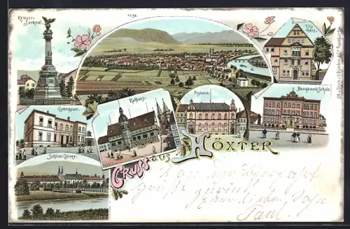 Lithographie Höxter, Krieger-Denkmal, Gymnasium, Schloss Corvey, Rathaus, Postamt, Baugewerk-Schule
