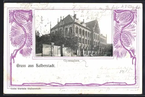 AK Halberstadt, Gymnasium im Passepartout mit Tannenzweig