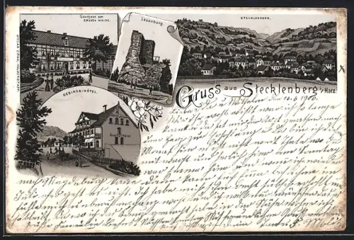 Lithographie Stecklenberg i Harz, Gasthaus Zum grünen Walde, Gebirgs-Hotel, Lauenburg