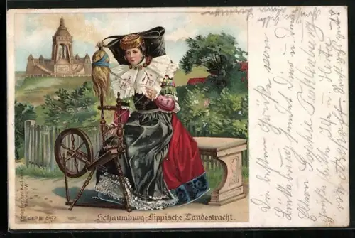 AK Dame in Schaumburg-Lippischer Landestracht am Spinnrad