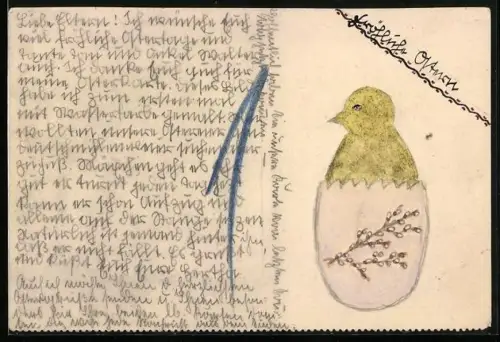 Künstler-AK Osterküken in einer Eierschale mit Weidenkätzchen-Muster