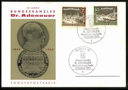 AK 14 Jahre Bundeskanzler Dr. Adenauer 1963, Münze mit Porträt