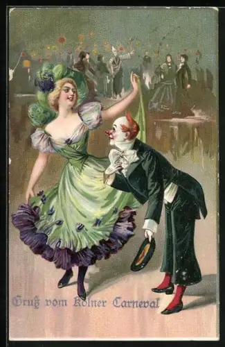 AK Clown macht einer tanzenden Dame den Hof