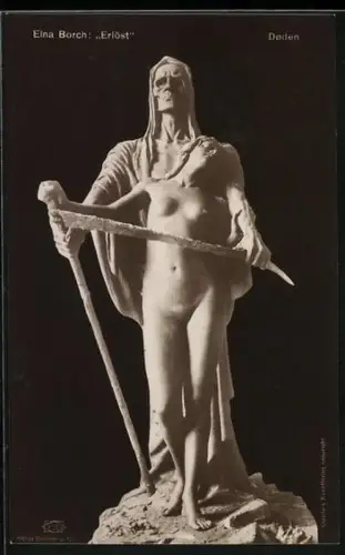 AK Elna Borch  Erlöst, der Sensenmann hinter einer nackten Frau