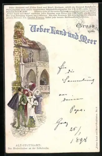 AK Stuttgart, Hochzeitstor an der Stiftskirche, Reklame für Zeitung Über Land und Meer