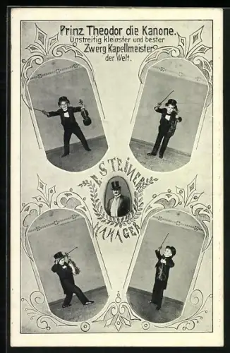 AK Liliputaner Prinz Theodor die Kanone, Kapellmeister mit Geige