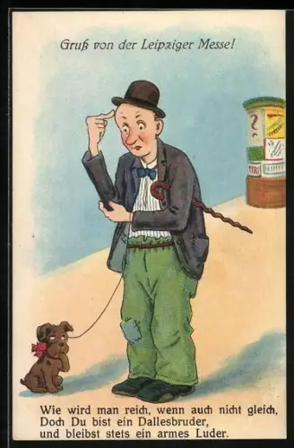 AK Leipziger Messe, Landstreicher mit gepflickter Hose und Hund, Wie wird man reich