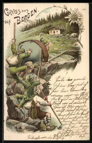Lithographie Bergen, Gruppe beim Bergsteigen schiebt sich den Hang hinauf