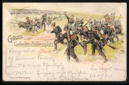 Lithographie Infanterie-Soldaten auf dem Gefechts-Schiessplatz