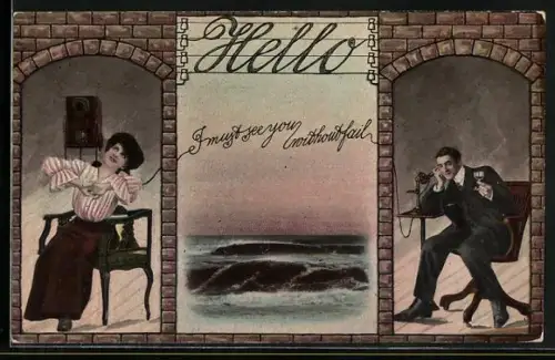 AK Junges Paar telefoniert miteinander, Wand- u. Tischtelefon