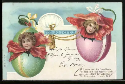 Lithographie Zwei Kinderköpfe in Ostereiern, Mohnblüten, Gedicht, Ostergruss