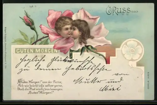 Lithographie Guten Morgen, Kinderpaar in einer Rosenblüte, Gedicht