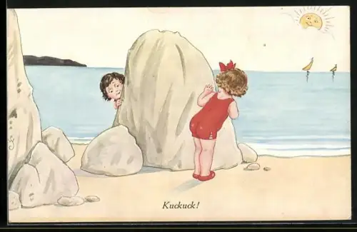 AK Kuckuck!, Kinder beim Versteeckspiel am Strand, Lächelnde Sonne