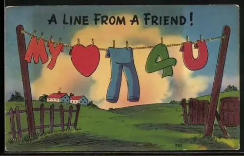 AK Wäscheleine mit Buchstaben und Herz als Grussbotschaft